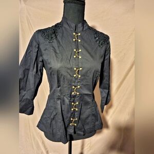 Contrast Black Embellished Lace Fitted Three-Quarter Sleeve Top Size Small